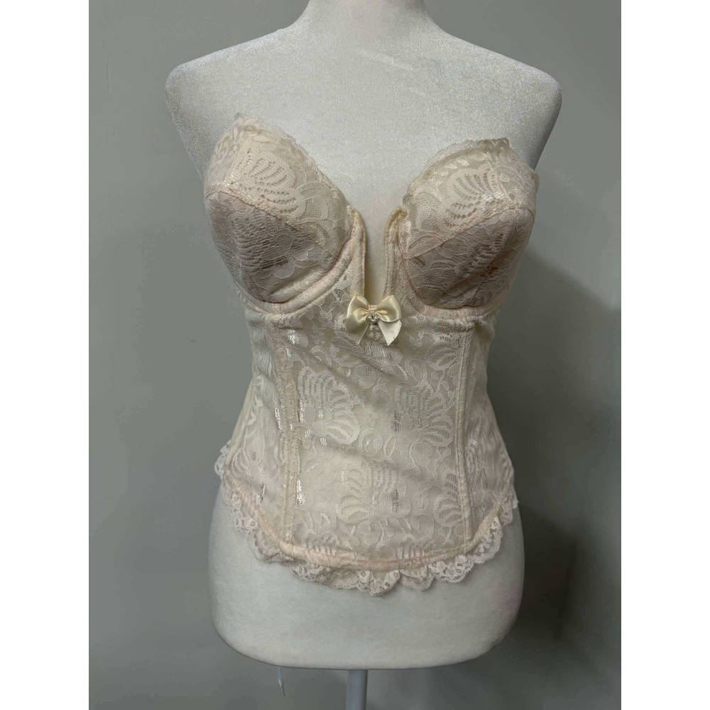 Vtg 90s Jezebel 36B Ivory Lace Bustier Corset Top Cream Floral Bridal USA Made